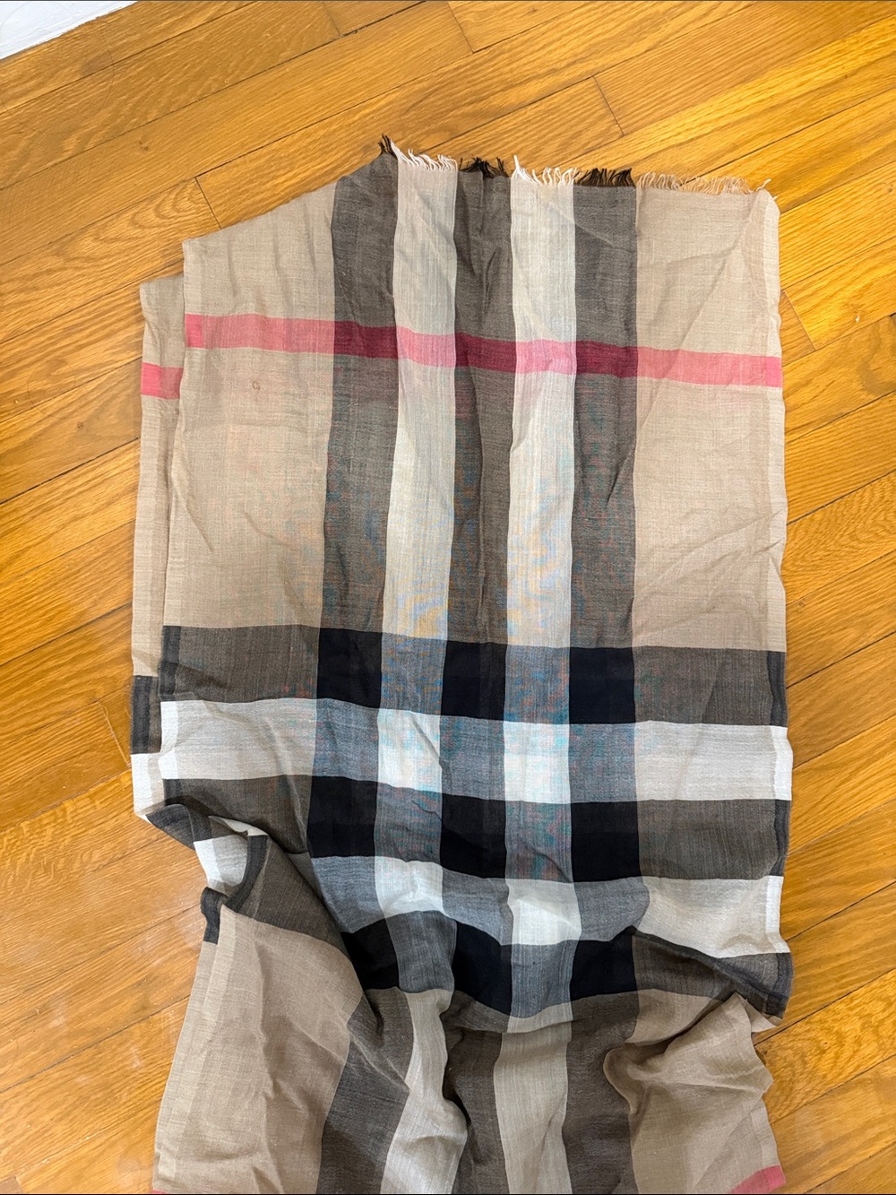 Burberry Beige Plaid Scarf with Pink Stripe